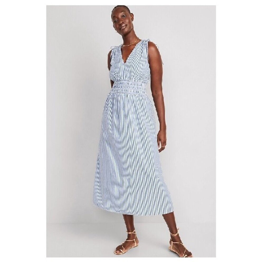 New Old Navy Fit & Flare Sleeveless Striped Tie-Shoulder Smocked Maxi Dress Sz L